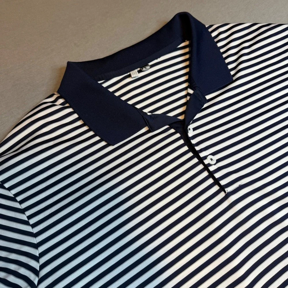 Adidas Mens Navy Blue White Striped Performance Golf Polo Shirt Short Sleeve